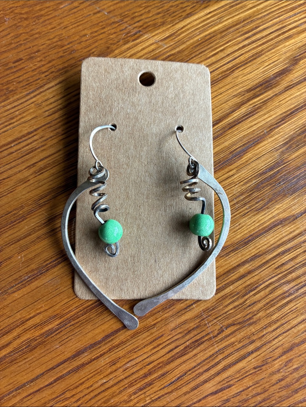 Handcrafted Green Bead Wire Hoop Earrings